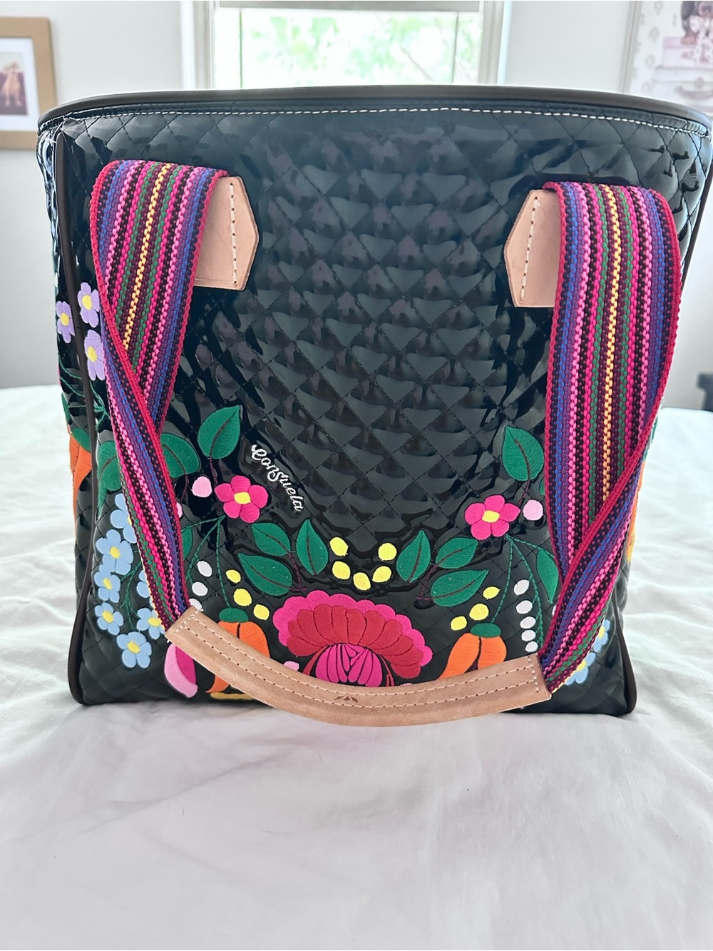 Consuela Embroidered Floral Patent Tote Bag Black Multicolor Shoulder Bag